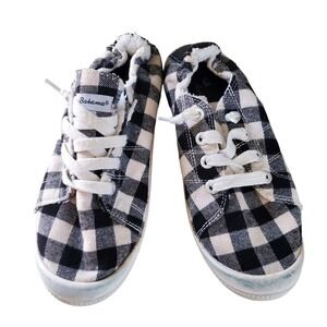 Tommy Bahama Buffalo Plaid Slip On Sneakers Black White Faux Shearling Lined 7